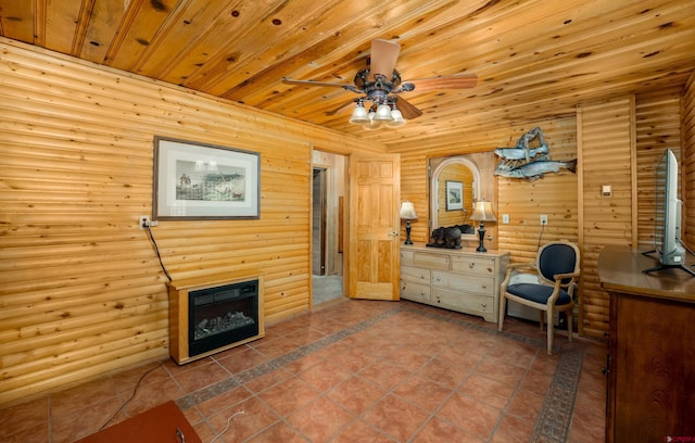 interior space featuring log walls, tile patterned flooring, ceiling fan, and wood ceiling