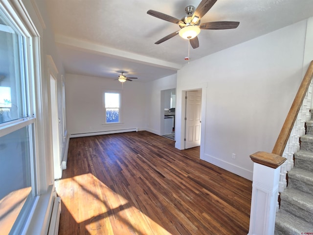 unfurnished living room featuring ceiling fan, dark wood-type flooring, and a baseboard radiator