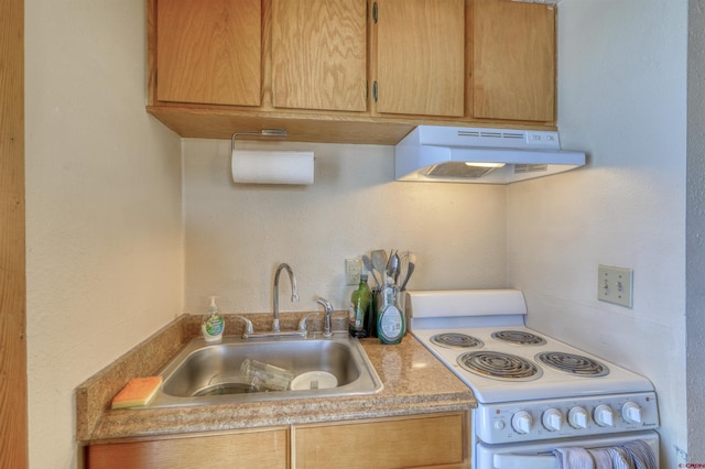 kitchen with white electric range oven, ventilation hood, and sink