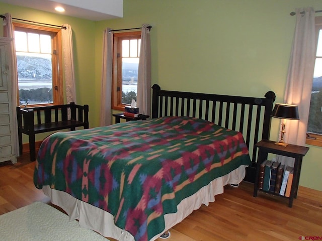 bedroom featuring multiple windows and light wood-type flooring