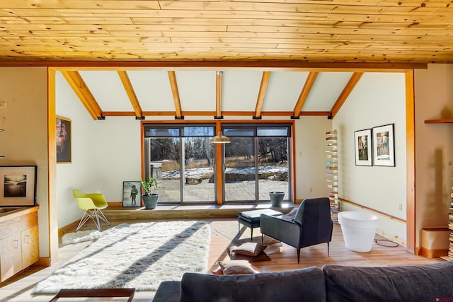 living room with wood ceiling, lofted ceiling with beams, and light hardwood / wood-style floors