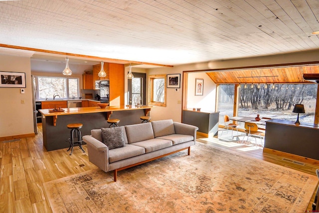 living room featuring light wood-type flooring, sink, and wood ceiling