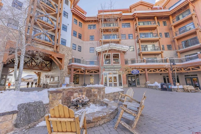 view of snow covered building