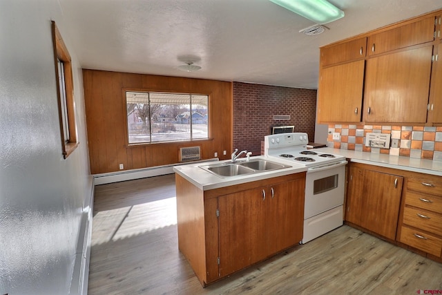 kitchen with backsplash, sink, light wood-type flooring, white electric range oven, and kitchen peninsula