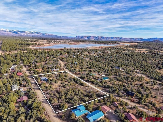 aerial view featuring a water and mountain view