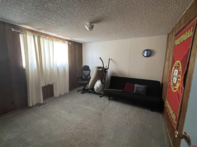 exercise room with carpet flooring and a textured ceiling