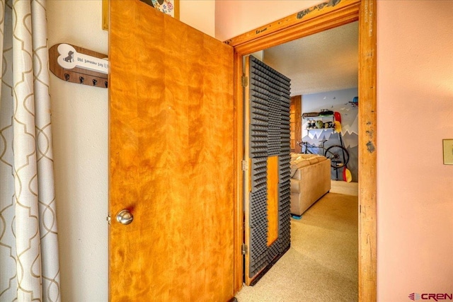 hall featuring carpet flooring and a textured ceiling