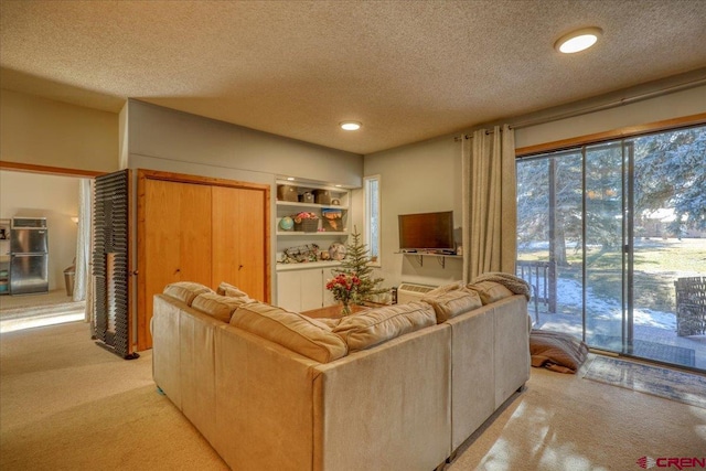 carpeted living room with a textured ceiling