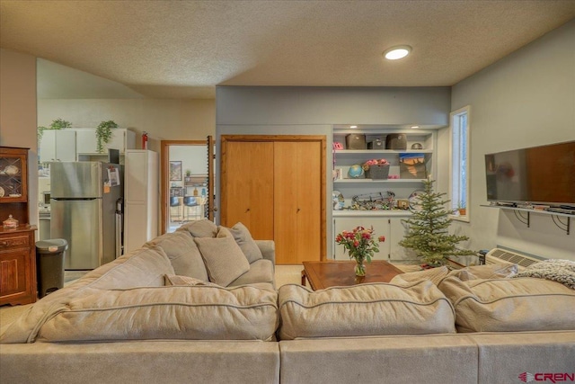 living room featuring a textured ceiling