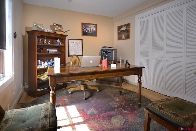 office space with wood-type flooring