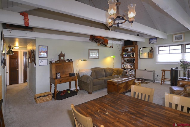 living room with vaulted ceiling with beams, carpet floors, and an inviting chandelier