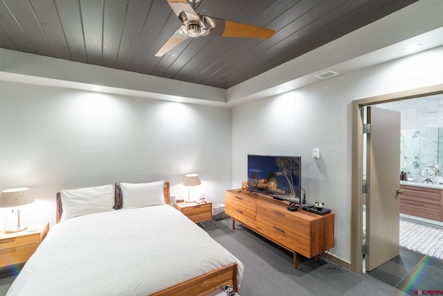 bedroom with dark colored carpet, ceiling fan, and wood ceiling