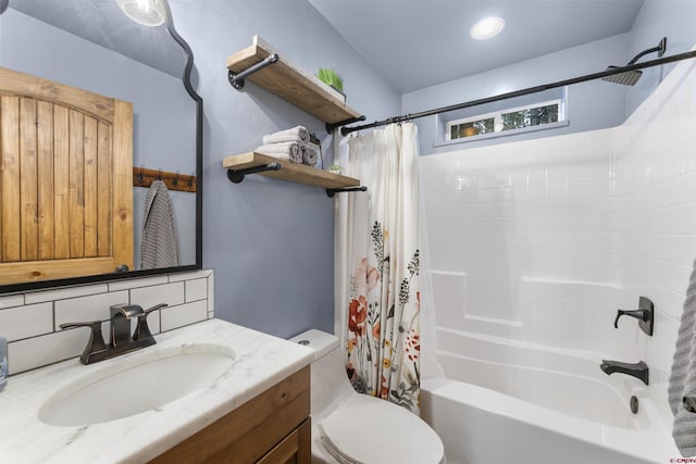 full bathroom featuring decorative backsplash, shower / bath combo with shower curtain, vanity, and toilet