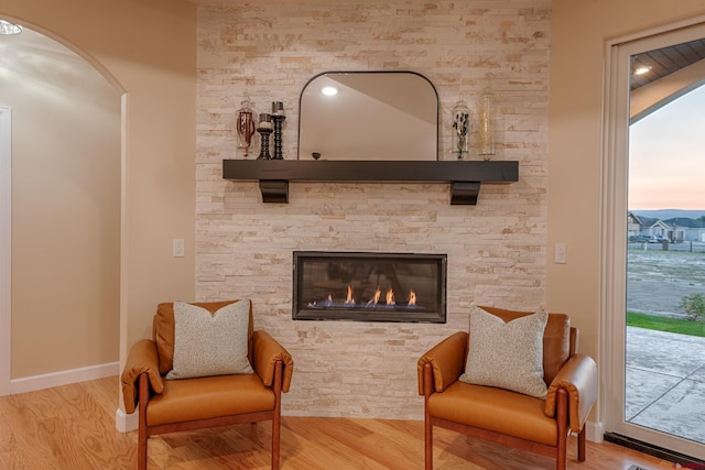 living area with a stone fireplace and hardwood / wood-style floors