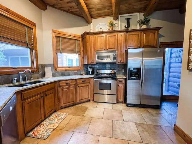 kitchen with decorative backsplash, wood ceiling, stainless steel appliances, sink, and light tile patterned floors