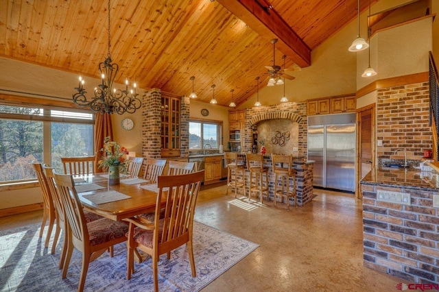 dining space featuring ceiling fan with notable chandelier, sink, beam ceiling, high vaulted ceiling, and wooden ceiling