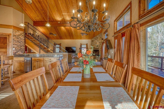 dining space featuring a notable chandelier, light wood-type flooring, wood ceiling, and high vaulted ceiling