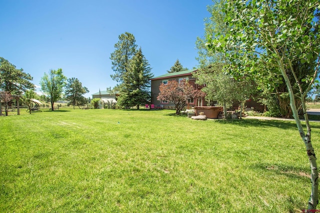 view of yard with a hot tub