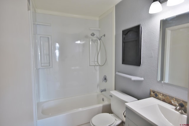 full bathroom featuring vanity, toilet, shower / bath combination, and ornamental molding