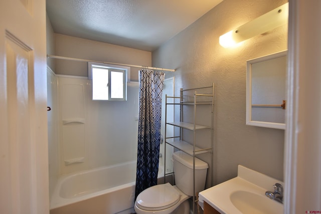 full bathroom featuring vanity, shower / bath combination with curtain, and toilet