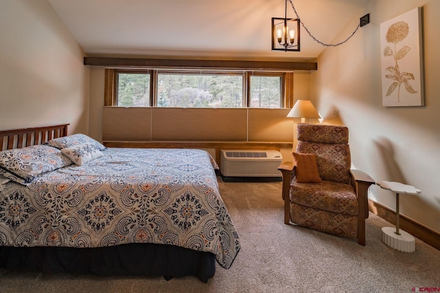 bedroom with carpet flooring, multiple windows, a wall mounted AC, and a chandelier