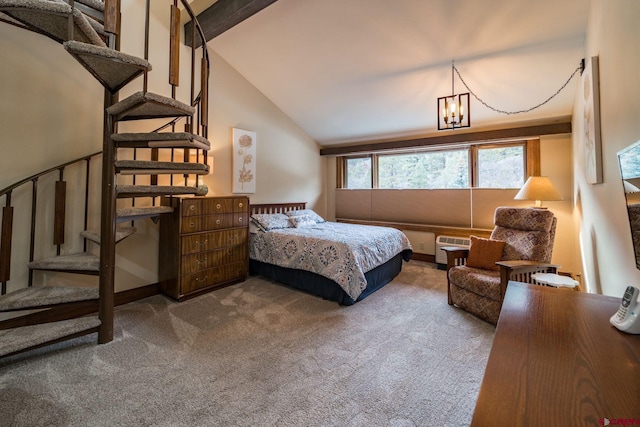 carpeted bedroom featuring beamed ceiling, high vaulted ceiling, and an inviting chandelier