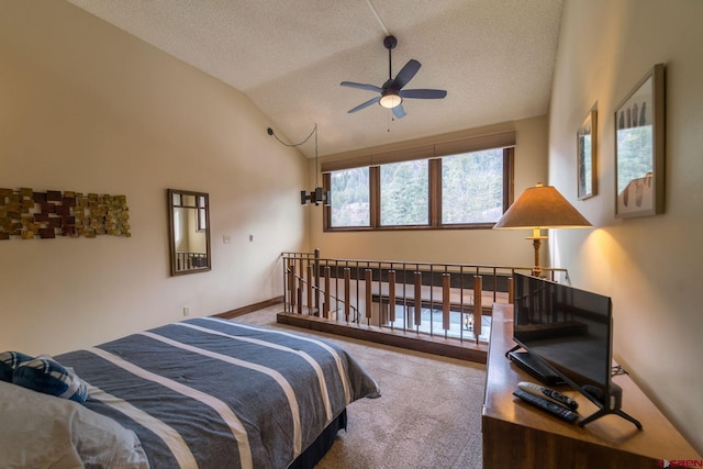 carpeted bedroom featuring ceiling fan, a textured ceiling, and high vaulted ceiling