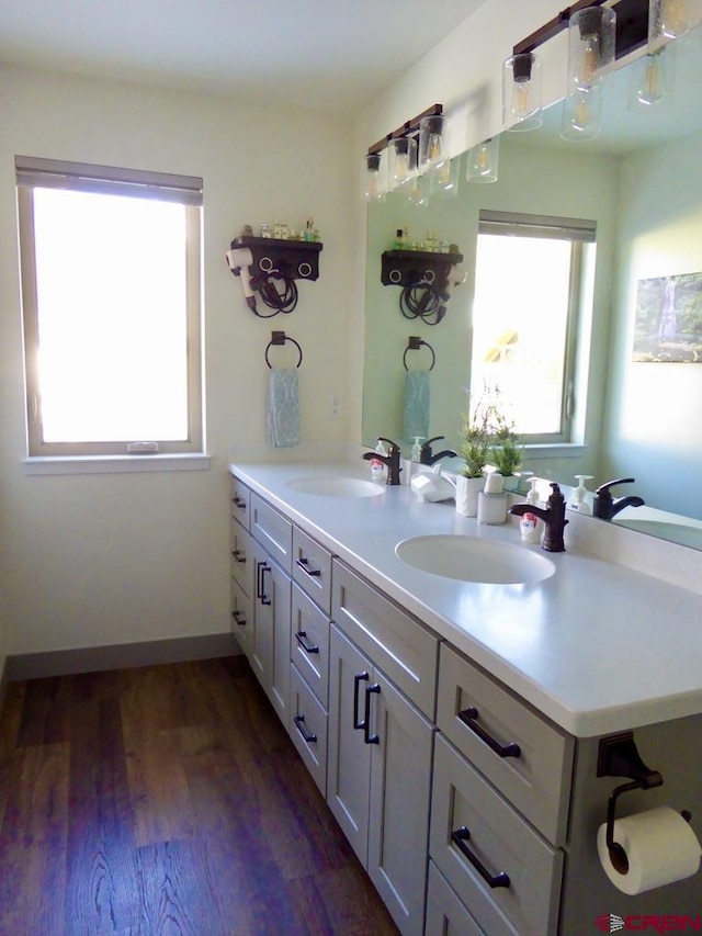 bathroom featuring vanity and hardwood / wood-style flooring