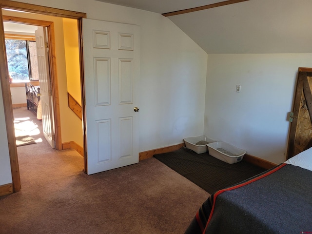 bedroom with carpet flooring and lofted ceiling