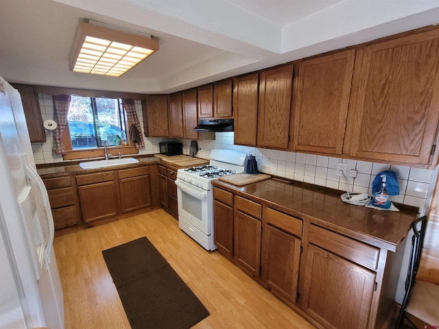 kitchen with backsplash, sink, light hardwood / wood-style floors, and white appliances