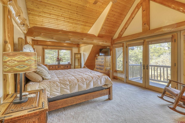 bedroom featuring beam ceiling, access to exterior, carpet floors, and high vaulted ceiling