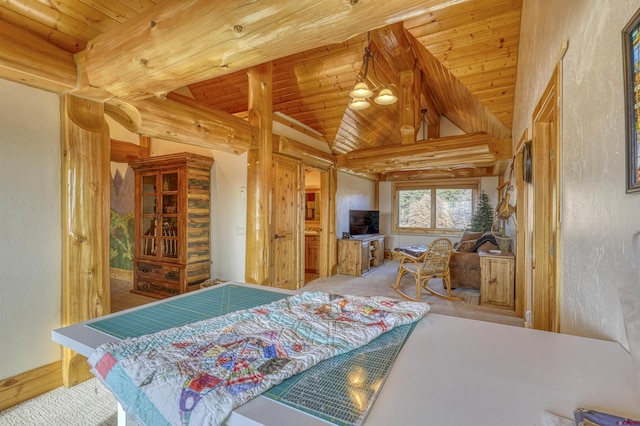 bedroom with vaulted ceiling and wood ceiling