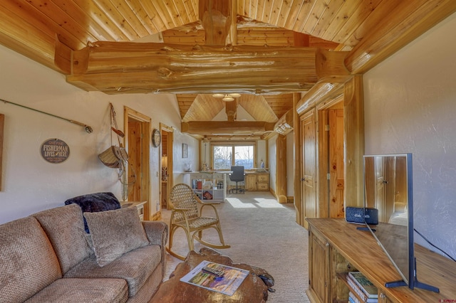 living room featuring vaulted ceiling with beams, light carpet, and wood ceiling