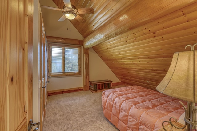 bedroom with ceiling fan, light carpet, lofted ceiling, and wooden ceiling