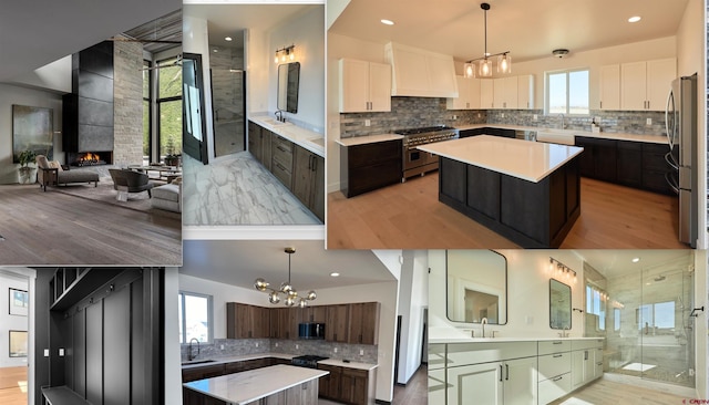 kitchen featuring decorative light fixtures, a center island, appliances with stainless steel finishes, and light hardwood / wood-style flooring