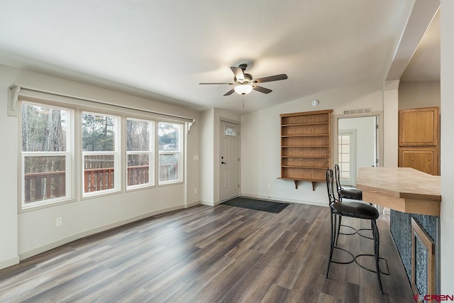 interior space with vaulted ceiling, ceiling fan, and dark wood-type flooring