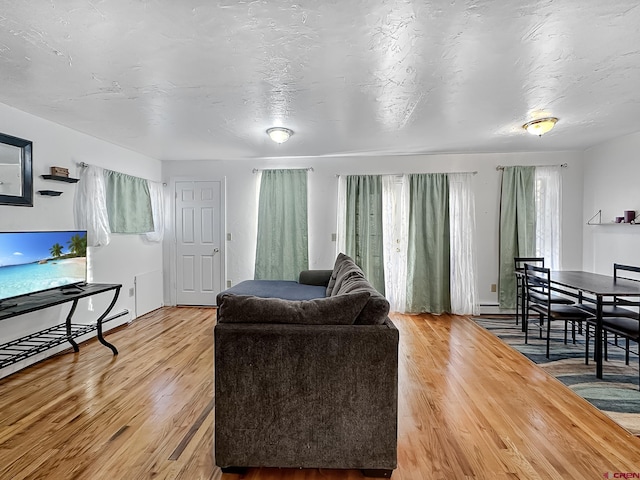 living room with wood-type flooring and a textured ceiling