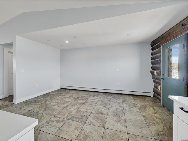 unfurnished room featuring light tile patterned floors, a baseboard radiator, rustic walls, recessed lighting, and baseboards