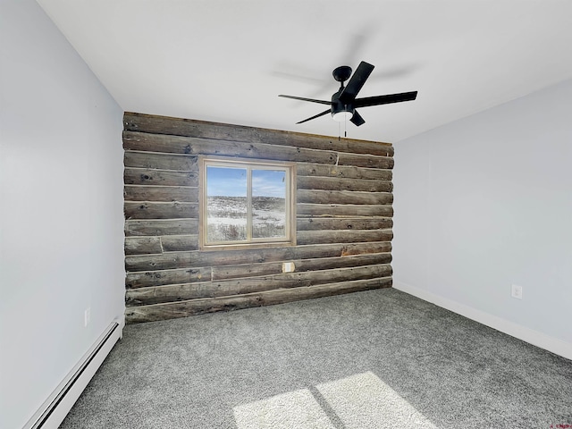 spare room featuring a baseboard heating unit, carpet flooring, baseboards, and a ceiling fan