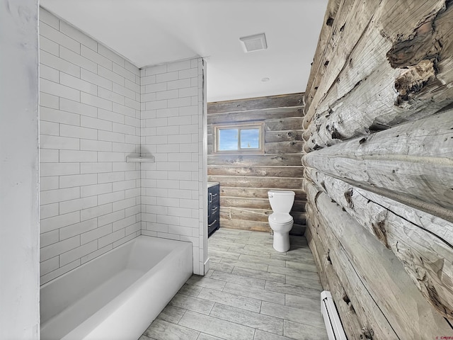 full bathroom featuring toilet, vanity, log walls, wood finish floors, and a baseboard heating unit