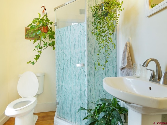 bathroom with toilet, wood-type flooring, sink, and walk in shower