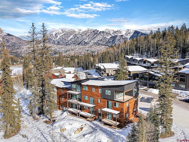 snowy aerial view with a mountain view