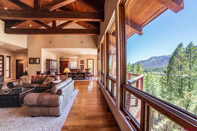 living room featuring a mountain view, wood-type flooring, high vaulted ceiling, and a wealth of natural light