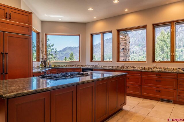 kitchen featuring stainless steel gas stovetop, a healthy amount of sunlight, and dark stone countertops