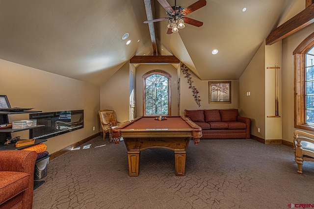 playroom with ceiling fan, dark colored carpet, lofted ceiling with beams, and pool table