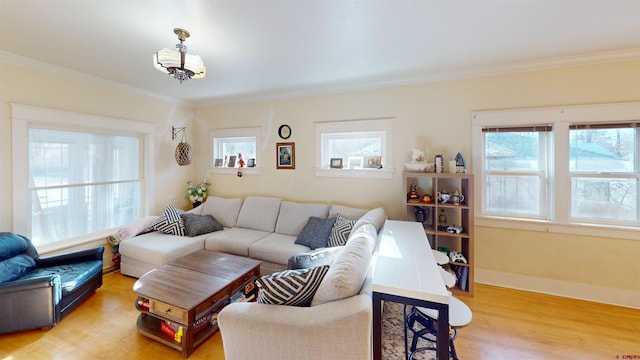 living room with crown molding, wood-type flooring, and a notable chandelier