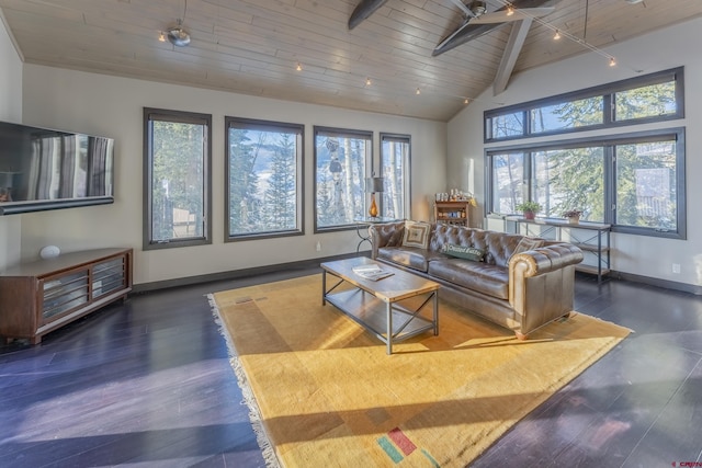 living room featuring beam ceiling, plenty of natural light, ceiling fan, and wood ceiling