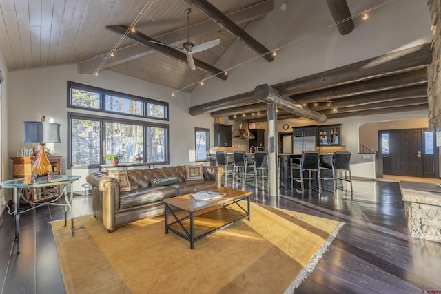 living room featuring beam ceiling, dark hardwood / wood-style flooring, high vaulted ceiling, and wood ceiling