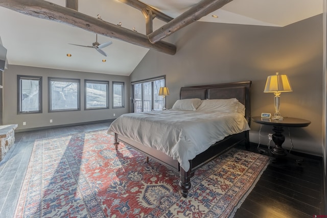 bedroom with beam ceiling, ceiling fan, high vaulted ceiling, and dark wood-type flooring