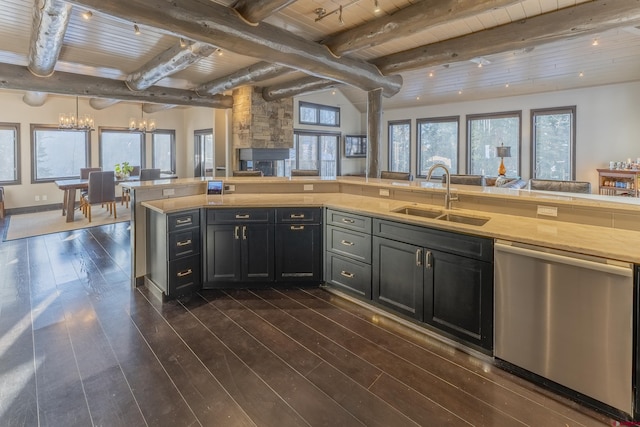 kitchen featuring dark hardwood / wood-style flooring, sink, pendant lighting, wooden ceiling, and dishwasher